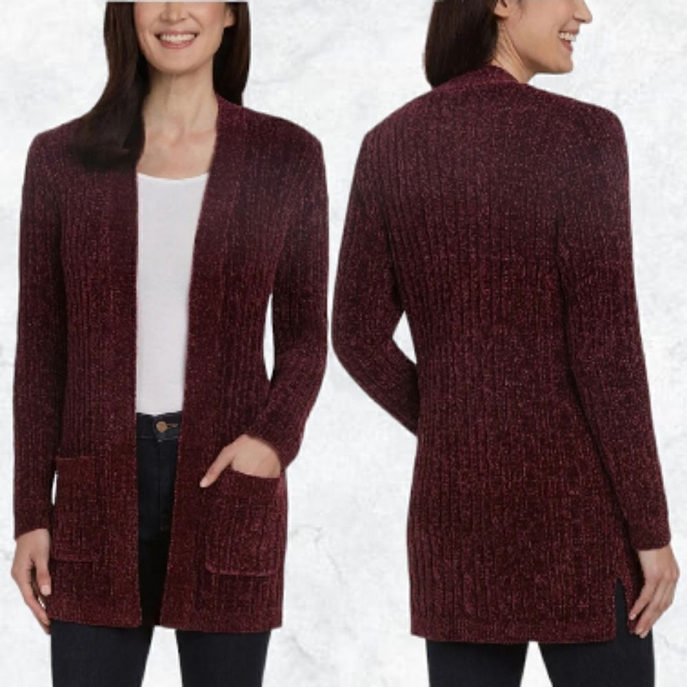 Matty M. Red Cable Knit Ribbed Velvety Soft Open Front Sweater Cardigain
